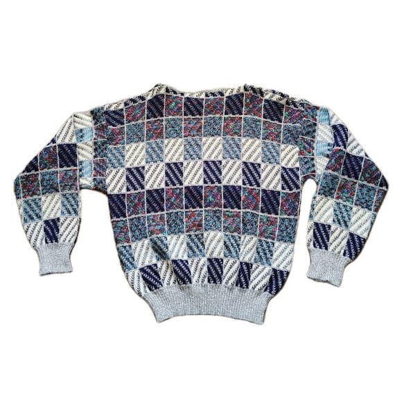 Mens 80s Geometric Patchwork Knit Sweater L Abstract Retro Pattern Grandpa - Picture 9 of 9